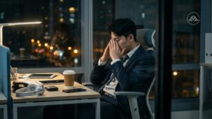 C-suite executive experiencing chronic fatigue while working late in the office