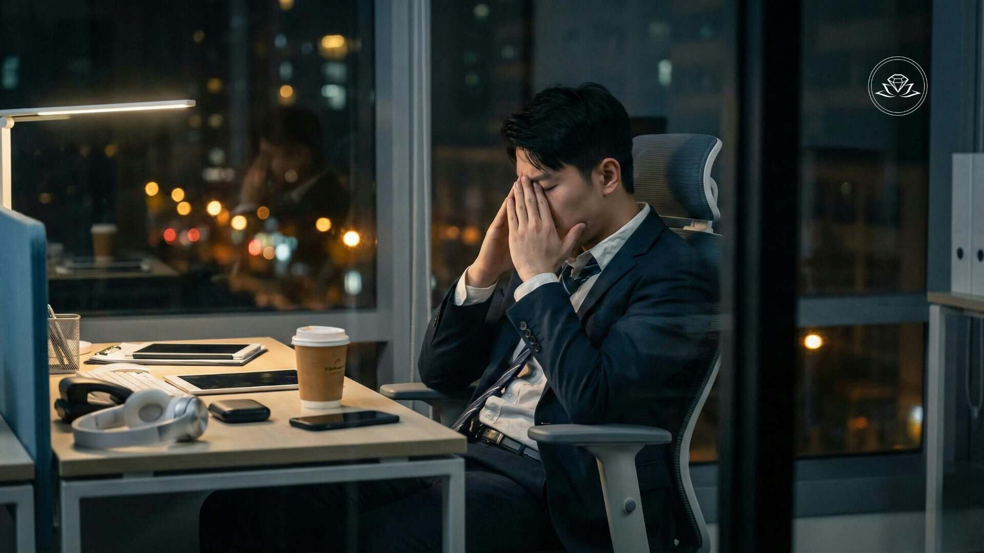 C-suite executive experiencing chronic fatigue while working late in the office