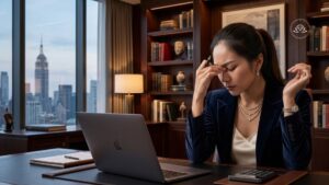 High-performing executive experiencing high-functioning anxiety while working at a laptop