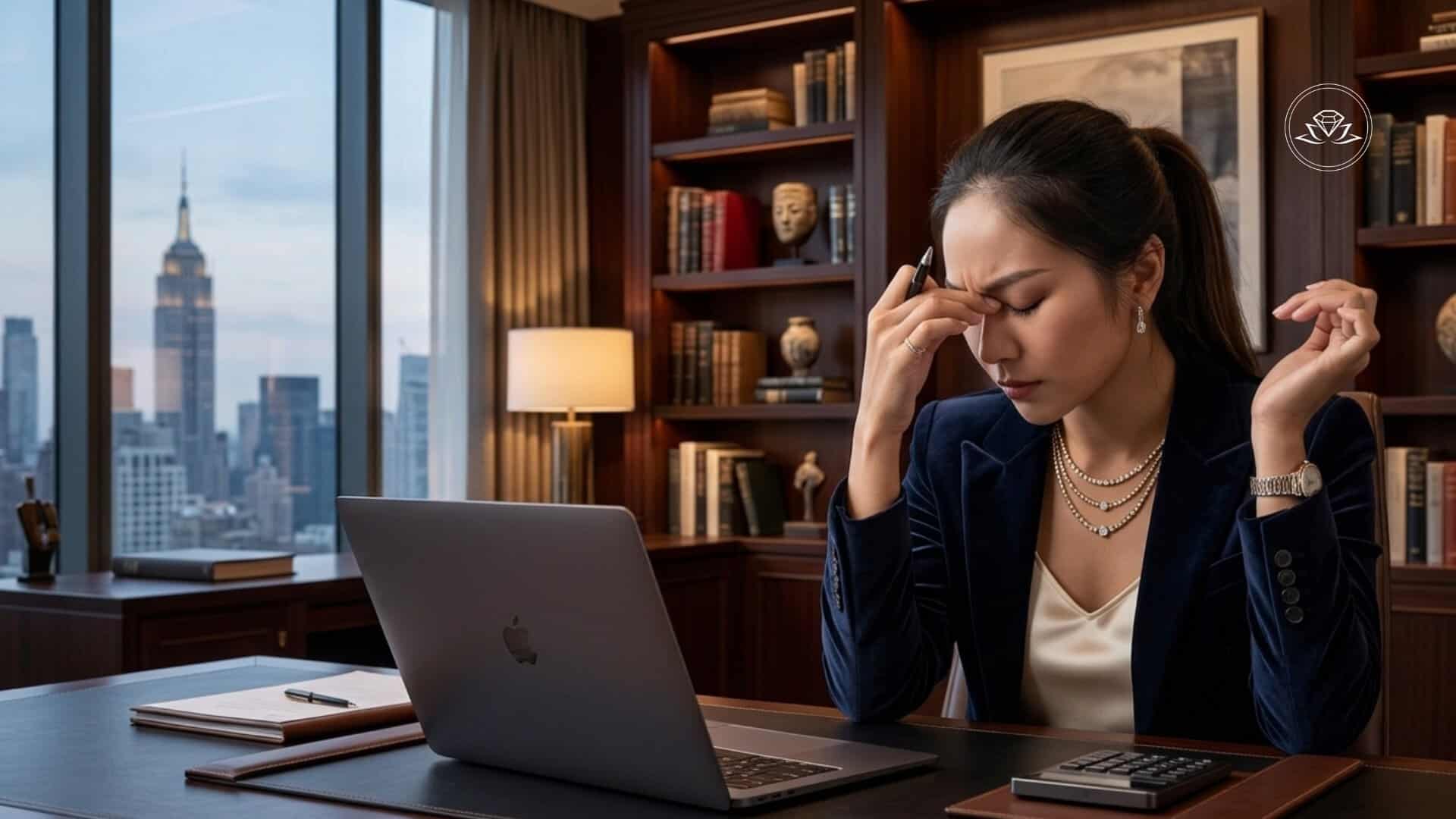 High-performing executive experiencing high-functioning anxiety while working at a laptop